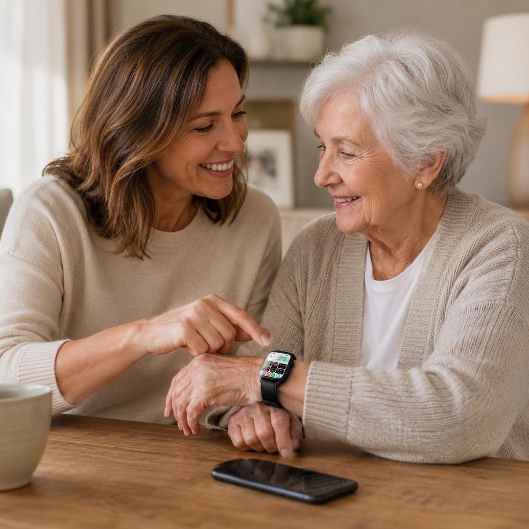 Écran AMOLED, appel Bluetooth : montre connectée noire pour seniors avec suivi santé et fonction SOS.