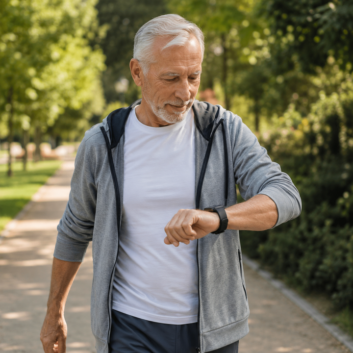 Montre connectée noire pour seniors avec appel Bluetooth, suivi du bien-être et fonction SOS d'urgence.