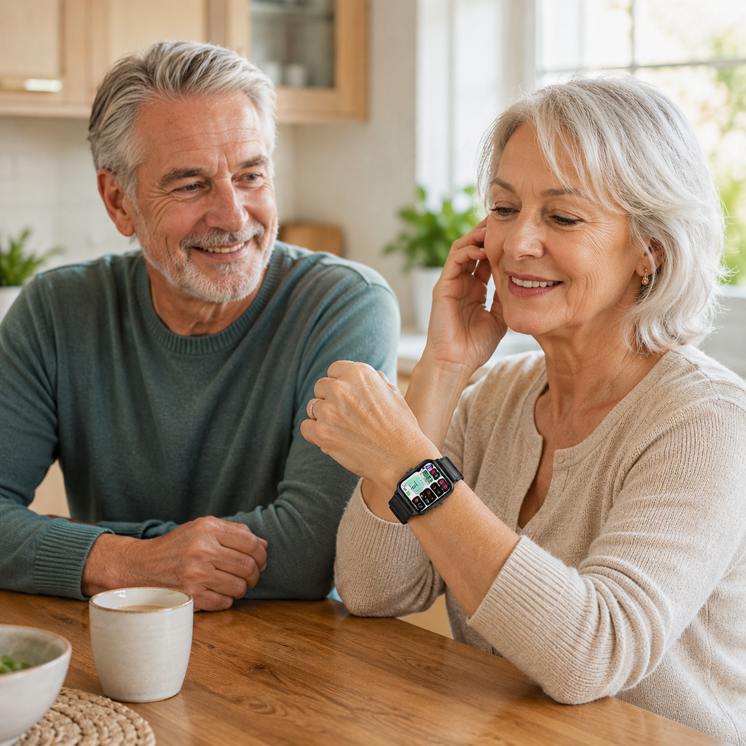 Montre intelligente facilitant la vie des seniors : appel Bluetooth, suivi d'activité et alertes de sécurité.