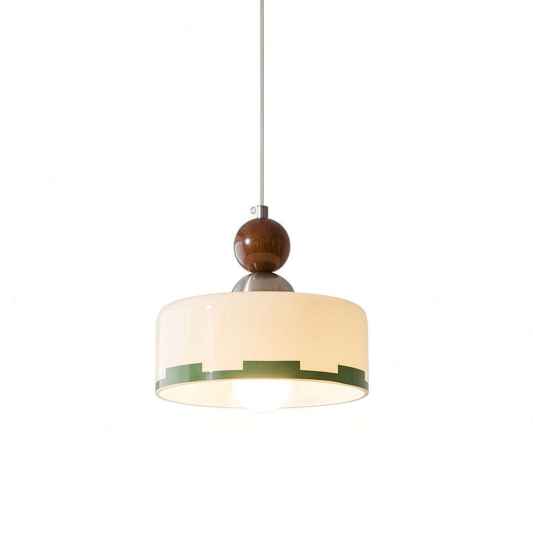 Suspension élégante verre, bois et abat-jour beige. Luminaire design scandinave dimmable pour un éclairage chaleureux.