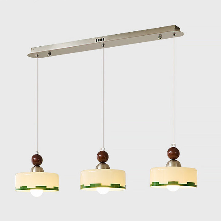 Suspension élégante verre & bois. Abat-jour beige. Luminaire dimmable pour salon, salle à manger ou cuisine. Ambiance chaleureuse.