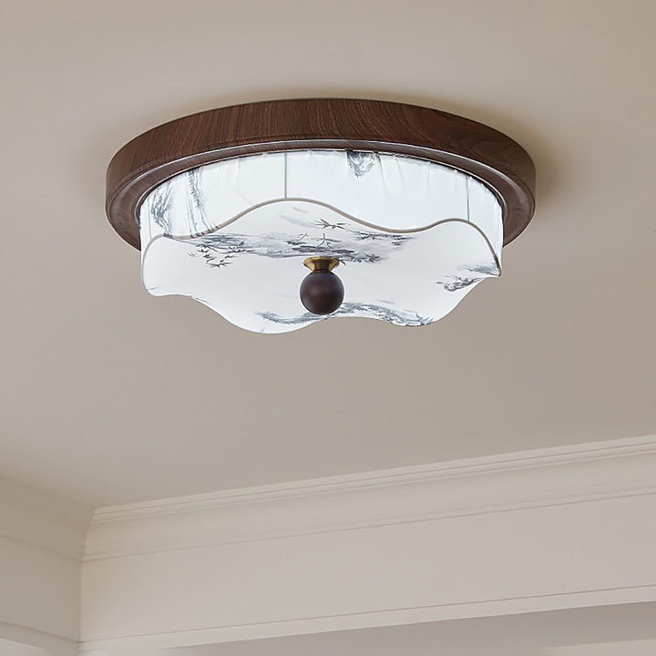 Plafonnier LED avec lumière chaude, design contemporain, parfait pour ambiance lumineuse de salon.