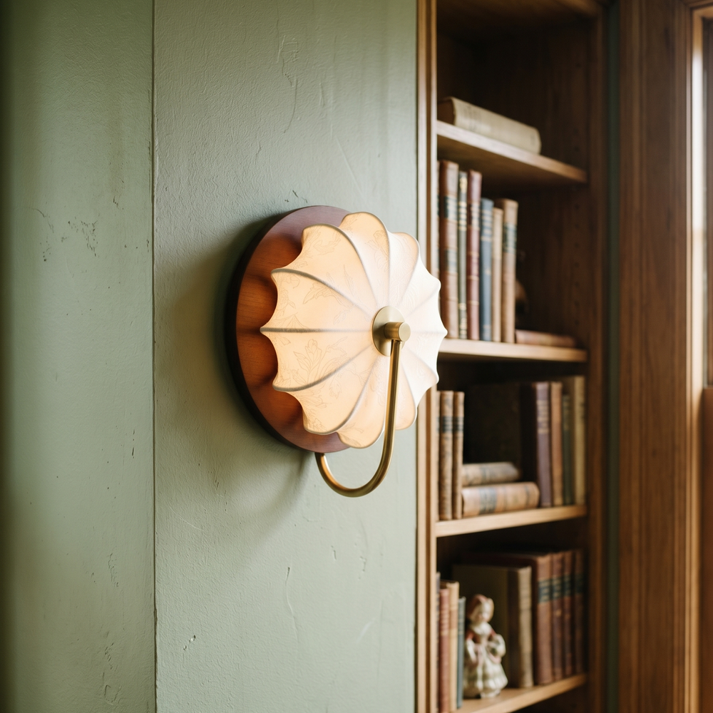 Luminaire mural moderne, abat-jour tissu et bois. Idéal pour chambre ou couloir.