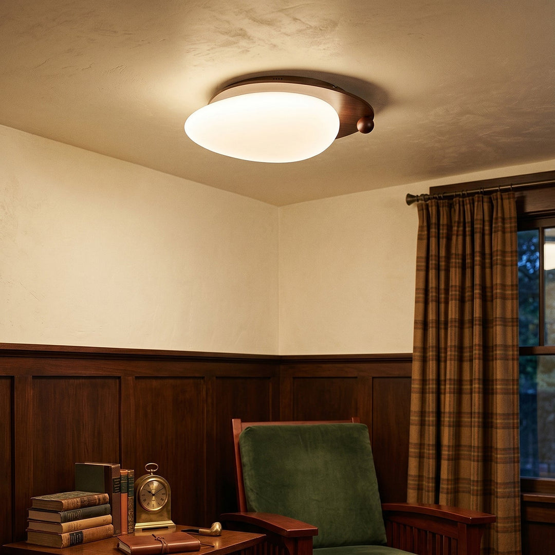 Lampe plafond LED bois et métal, diffuseur intégré pour lumière chaude et homogène.
