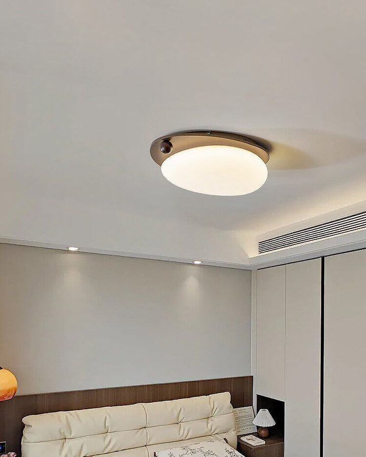 Plafonnier LED discret en bois et métal, parfait pour salon, chambre ou couloir, lumière agréable.