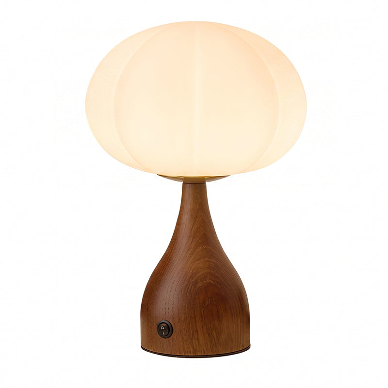 Lampe de chambre moderne: verre riffé, base en noyer, lumière douce, parfaite pour la lecture.