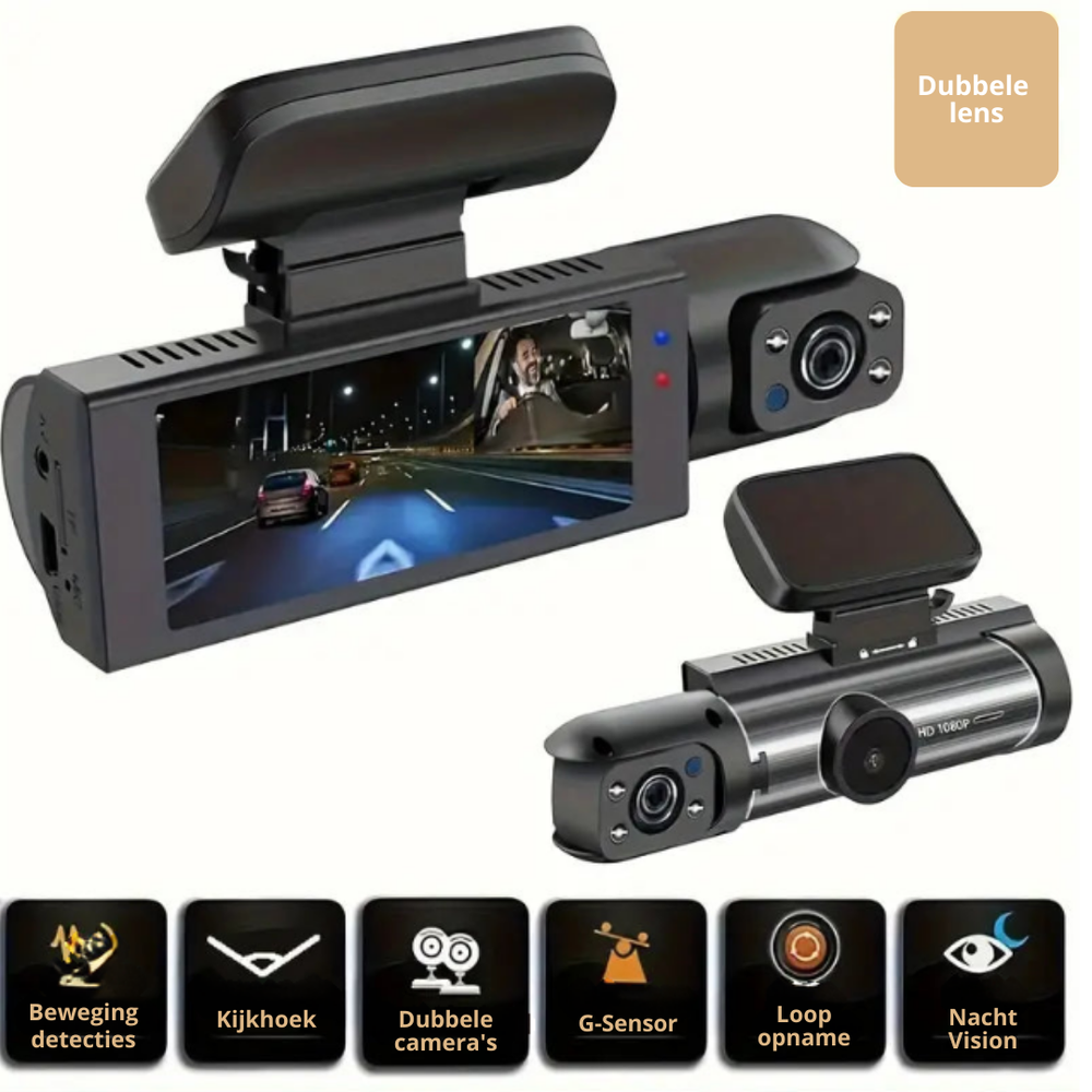 Gros plan caméra tableau de bord VisionRoad HD. Écran, lentilles, capteur G pour enregistrement vidéo fiable et protection auto.