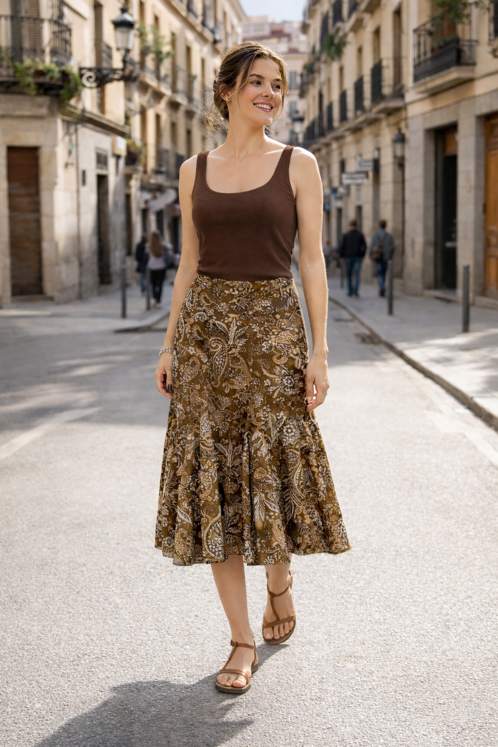 Jupe midi taille haute pour femme, motif imprimé bohème. Mode été décontractée avec une touche d'élégance.