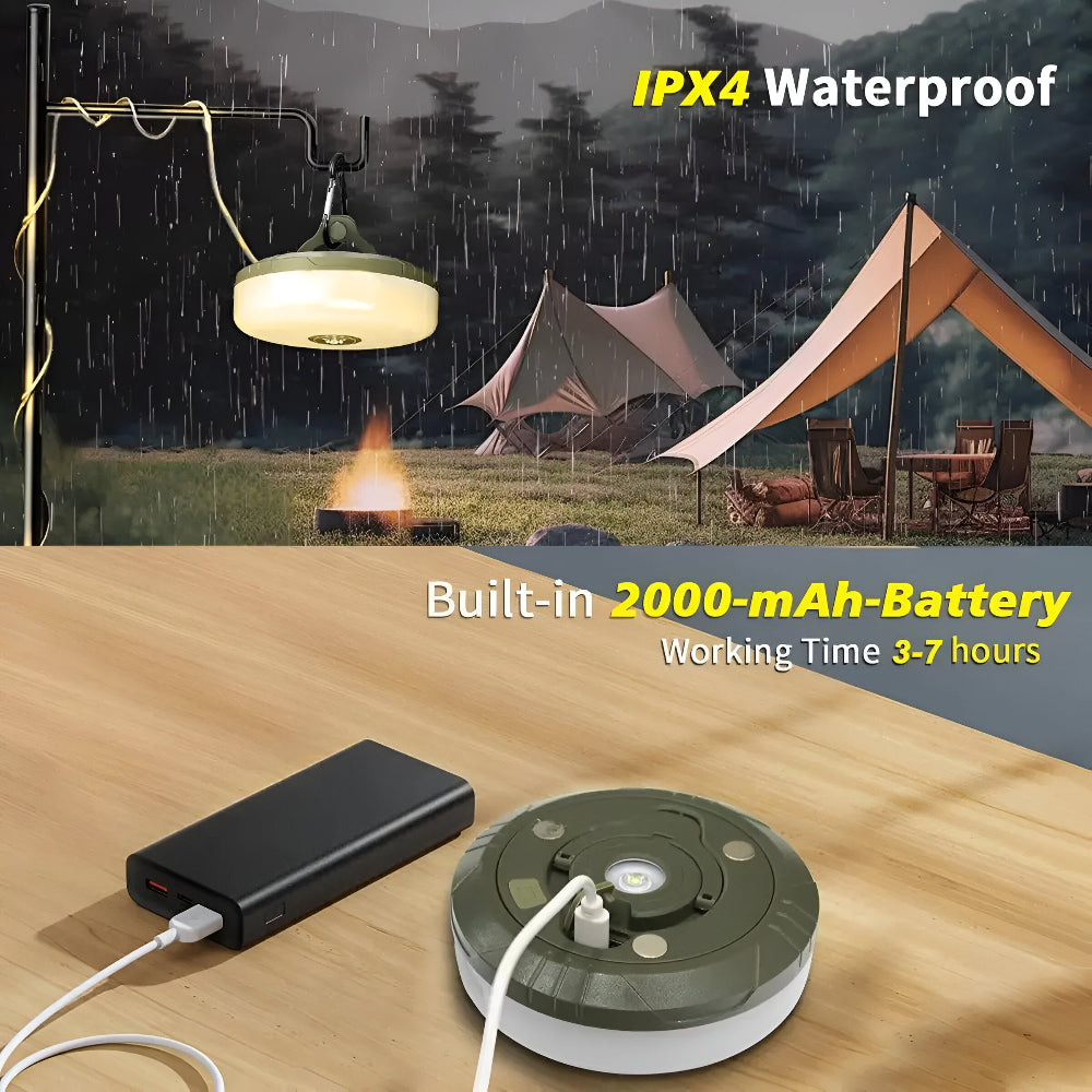 Lanterne LED 4-en-1 avec guirlande lumineuse intégrée. Parfait pour fête de jardin, camping et ambiance.