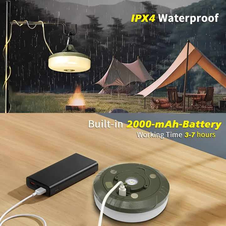 Lanterne LED 4-en-1 avec guirlande lumineuse intégrée. Parfait pour fête de jardin, camping et ambiance.