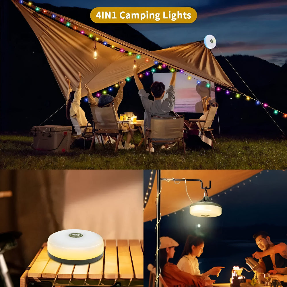 Lampe de camping étanche USB-C, éclairage LED puissant et powerbank. Idéale plein air, randonnée, urgence.