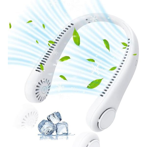 Ventilateur de cou portable blanc, mains libres pour fraîcheur personnelle en été.
