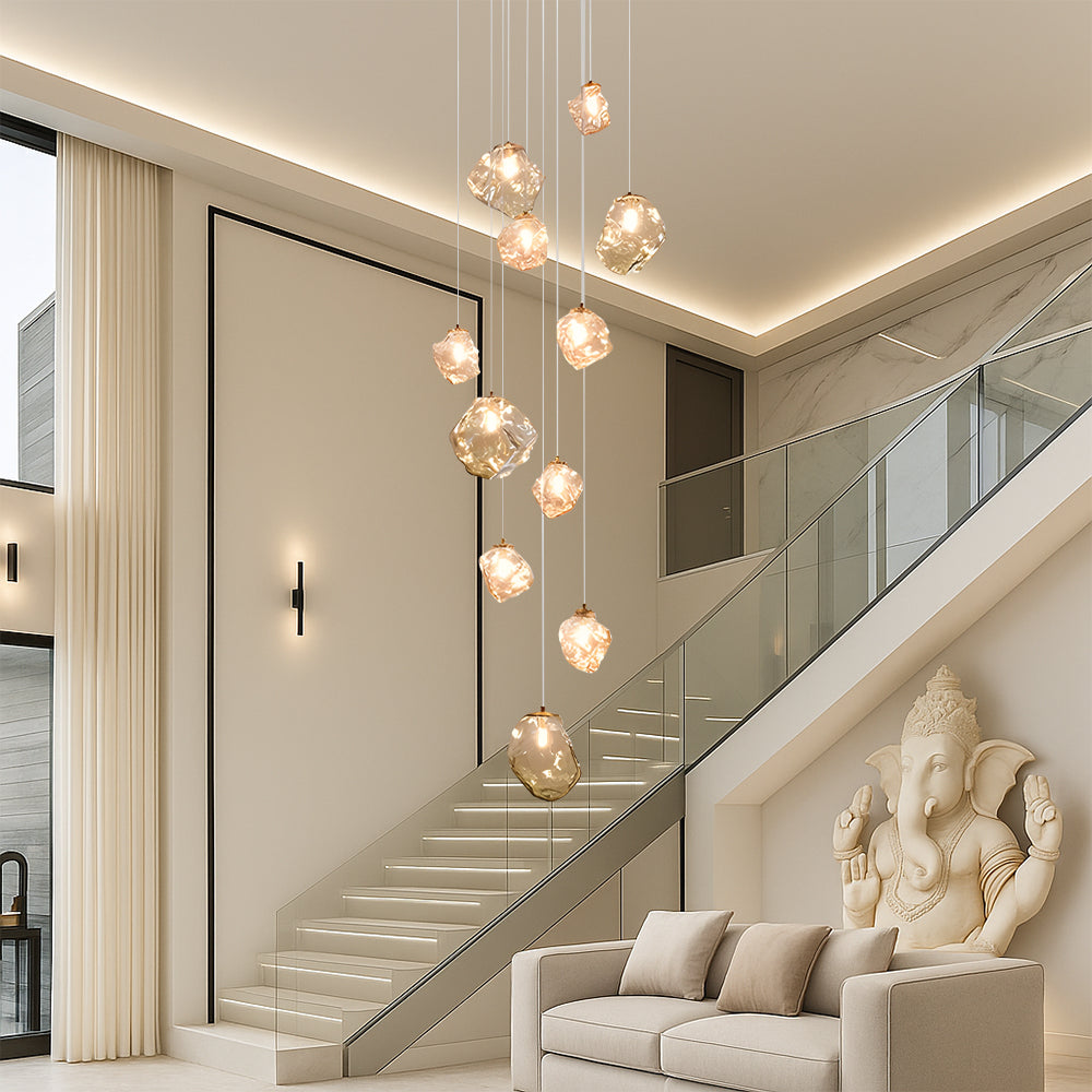 Décoration lumineuse design nordique LED pour escalier, chandelier suspendu moderne et élégant.