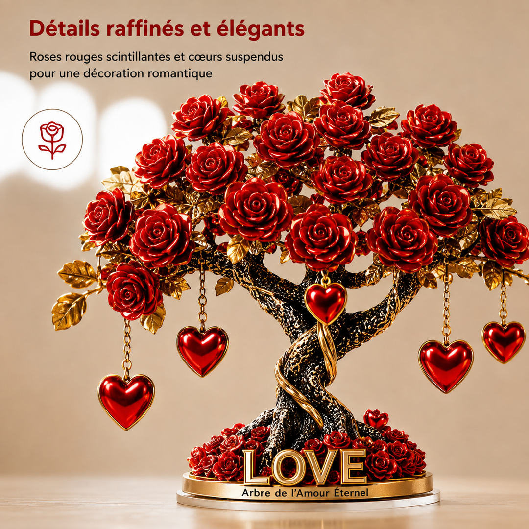 Décoration romantique: arbre de roses en cristal cœur, base dorée, parfait pour la Saint-Valentin.