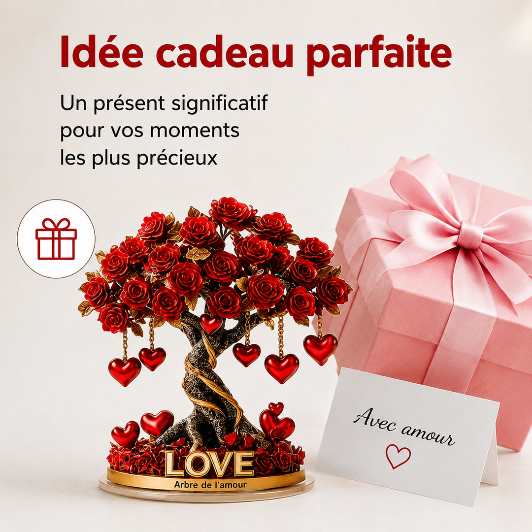 Magnifique arbre de roses en cristal cœur, objet décoratif avec base dorée pour ambiance romantique.