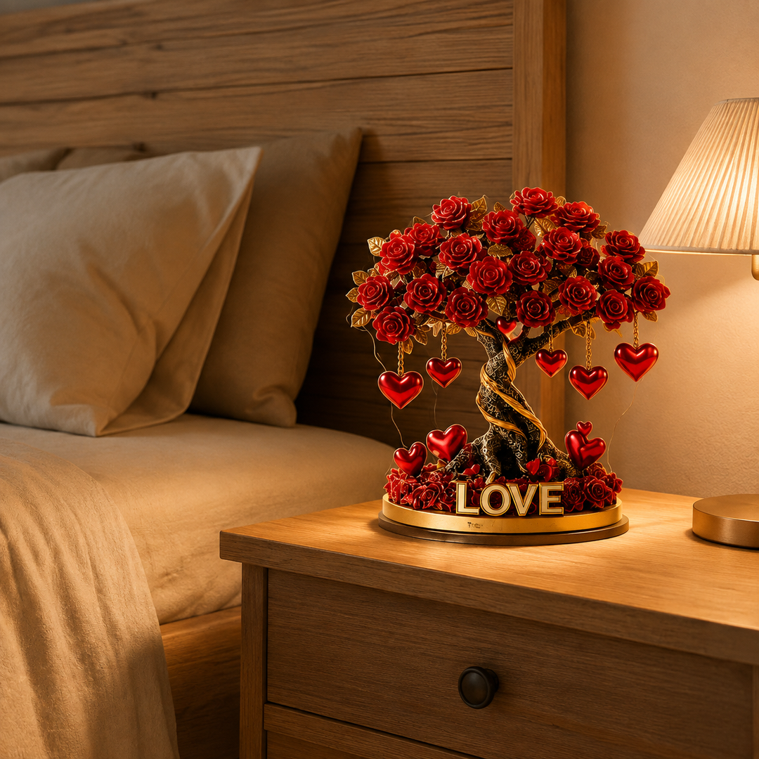 Arbre de roses en acrylique en forme de cœur, socle doré. Parfait pour une décoration de chambre romantique.