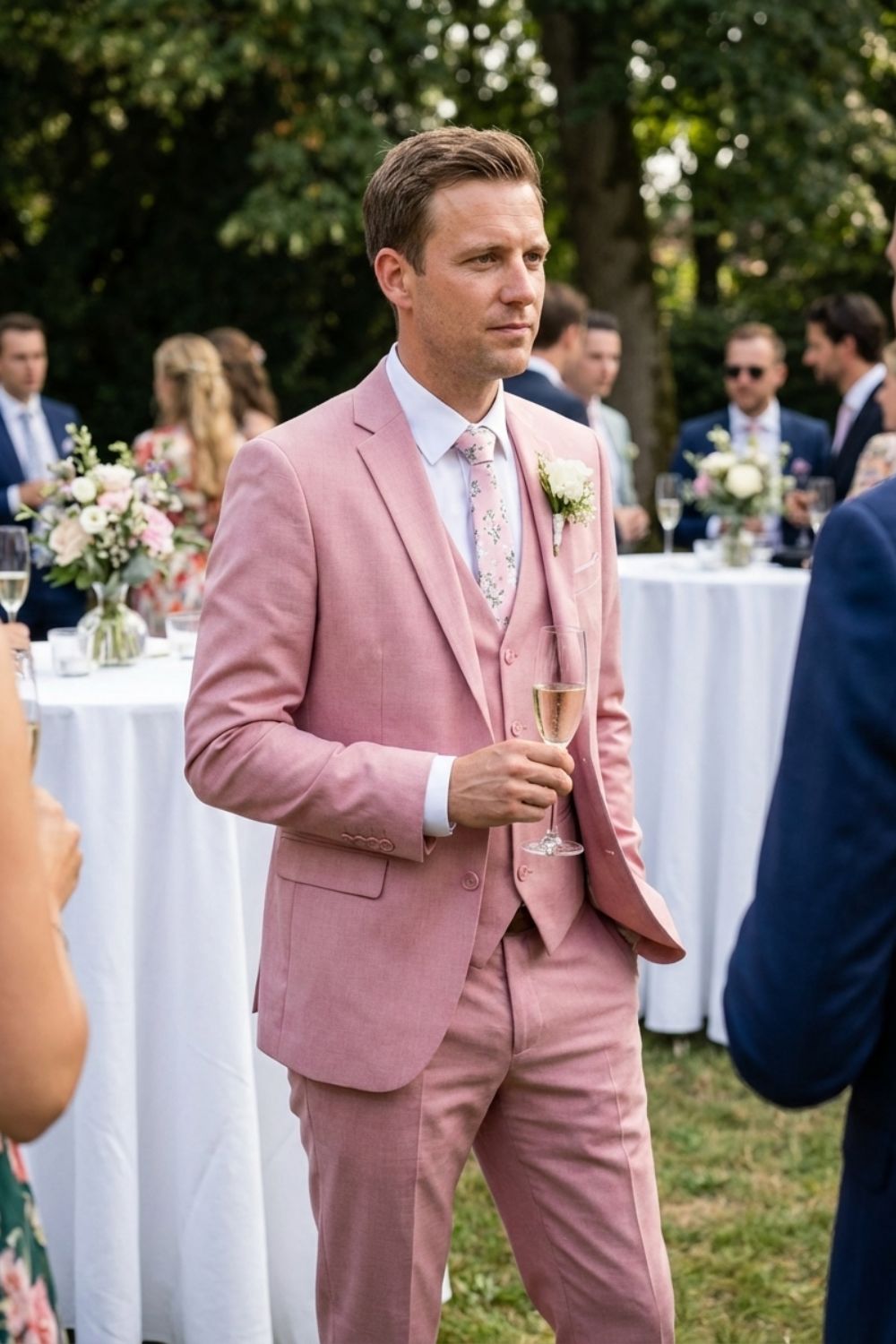 Vue de dos d'un costume homme 3 pièces gris, montrant la coupe impeccable et l'ajustement parfait.