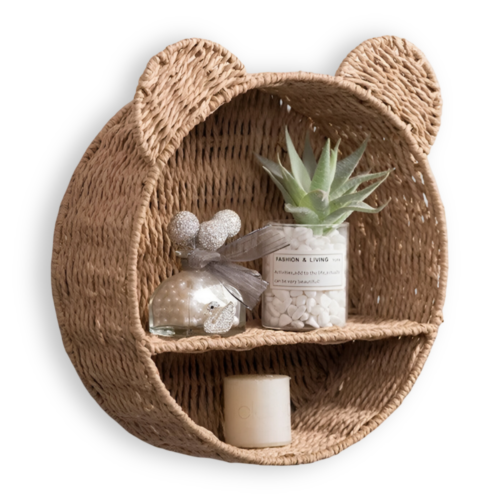 Étagère murale décorative en rotin naturel, forme animale ludique, parfaite pour chambre d'enfant.