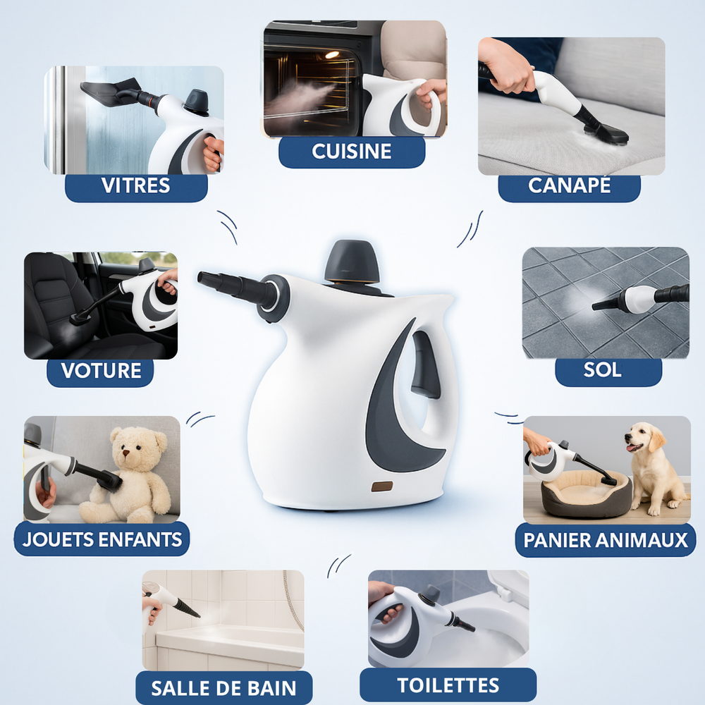 Appareil de nettoyage vapeur compact et écologique, idéal pour carrelage, joints et tissus. Entretien maison facile.