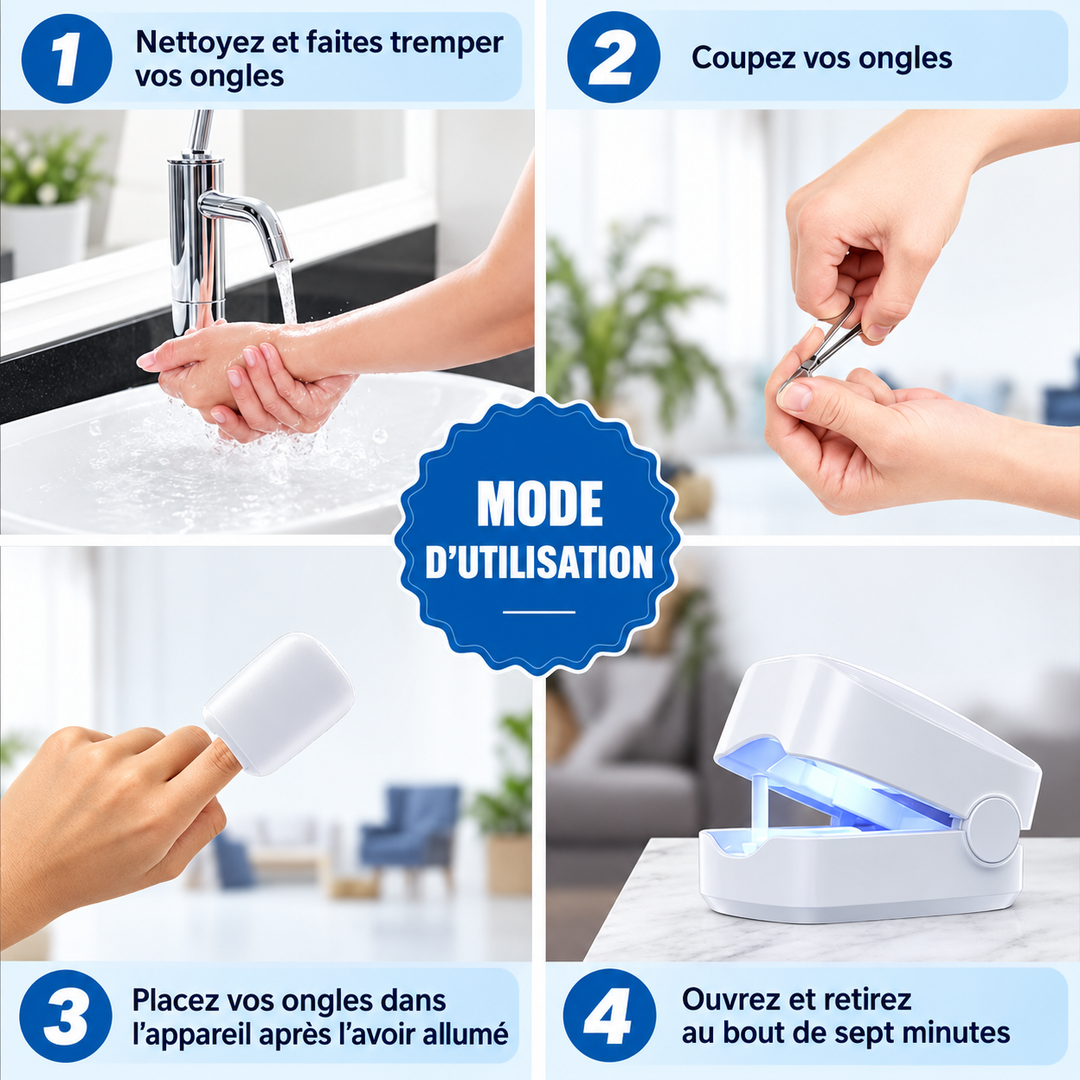 Traitement laser des ongles à domicile, appareil compact pour une manucure facile et entretien régulier.