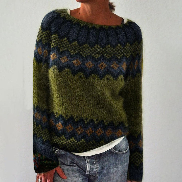 Pull vintage femme chaud et élégant pour l'hiver, avec motifs géométriques style rétro. Confort mode féminine.