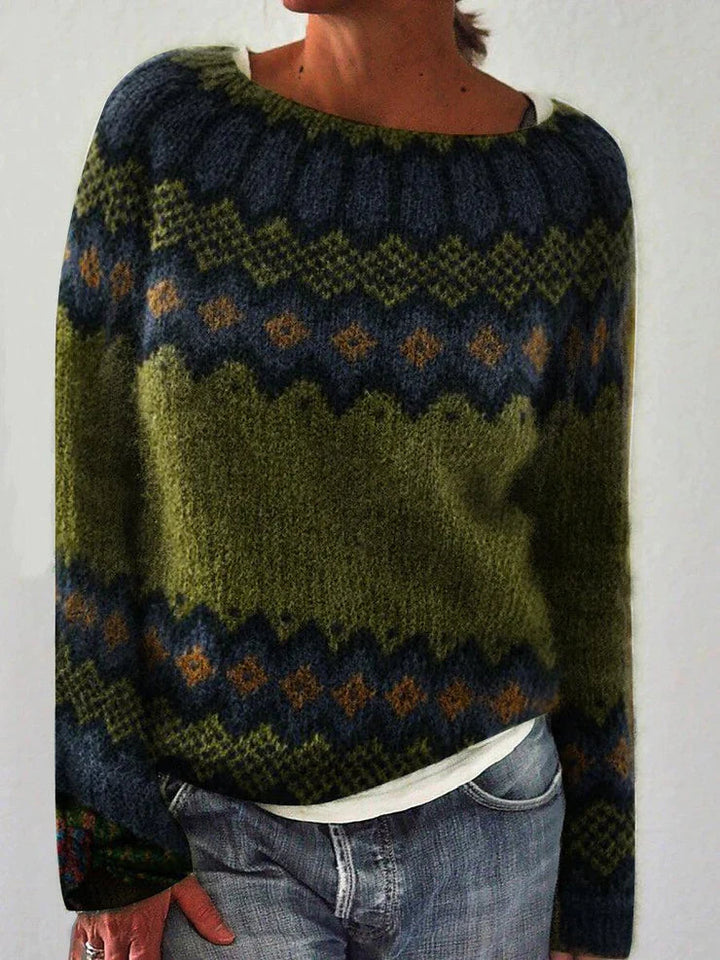 Chandail femme rétro vintage, chaud et confortable pour l'hiver. Style élégant et motifs géométriques féminins.