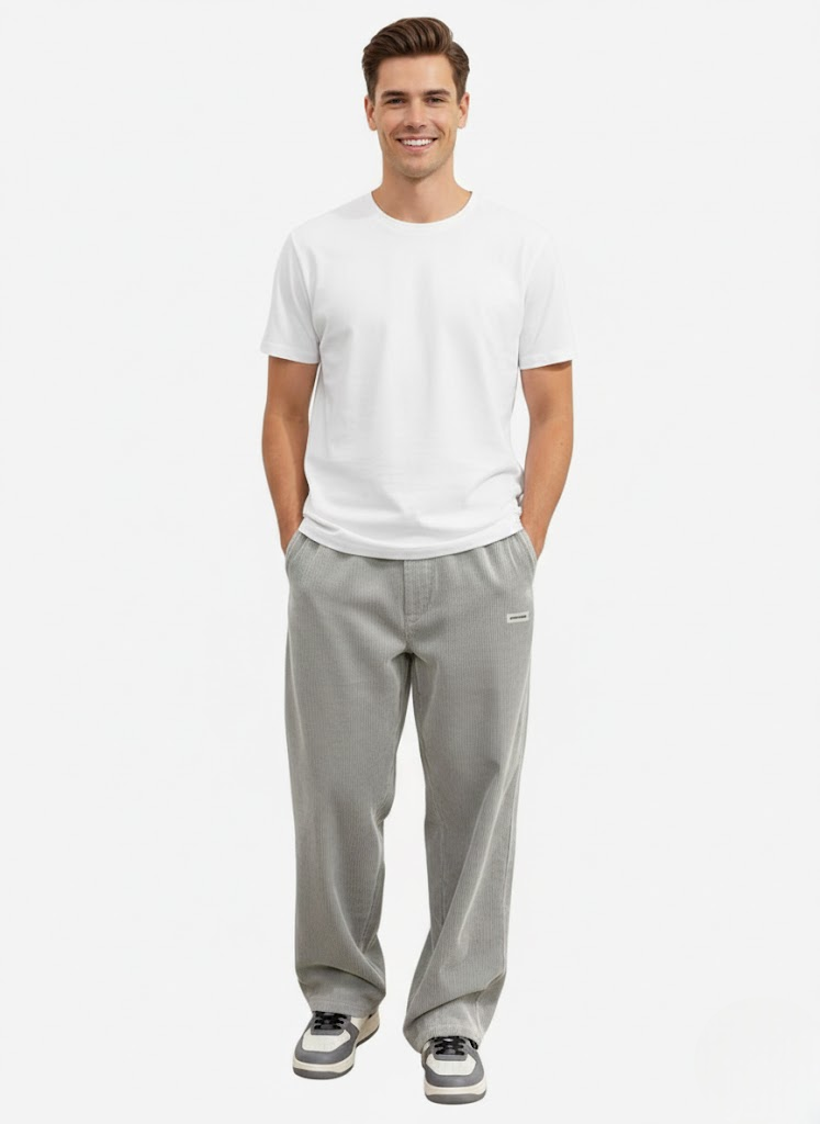 Homme portant un pantalon en velours côtelé ample et décontracté, look streetwear tendance, confort optimal.