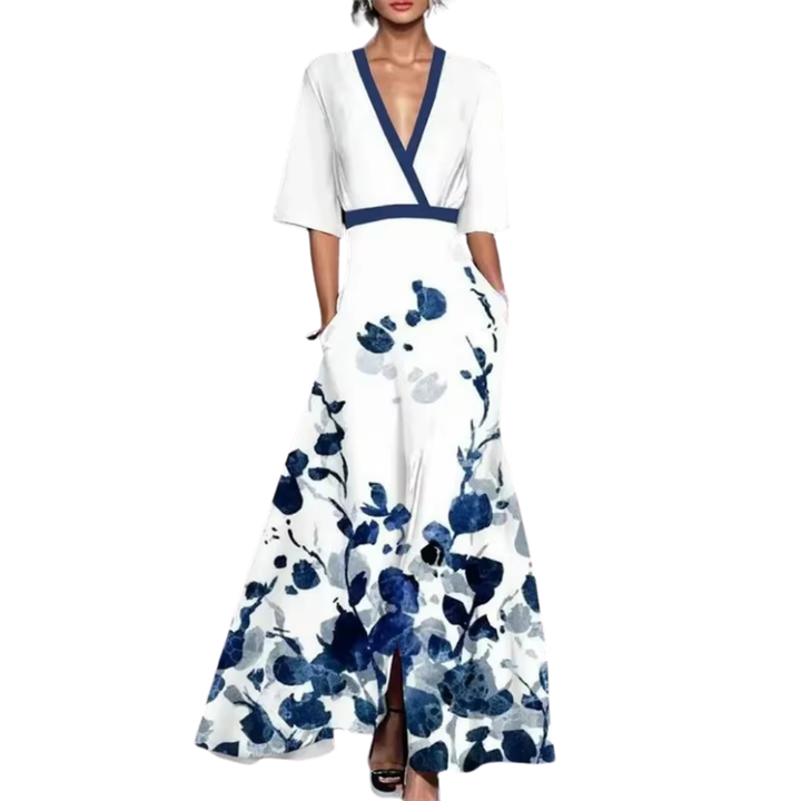 Robe printanière fleurie femme, motif floral chic, coupe midi décontractée, décolleté V. Élégance et confort.