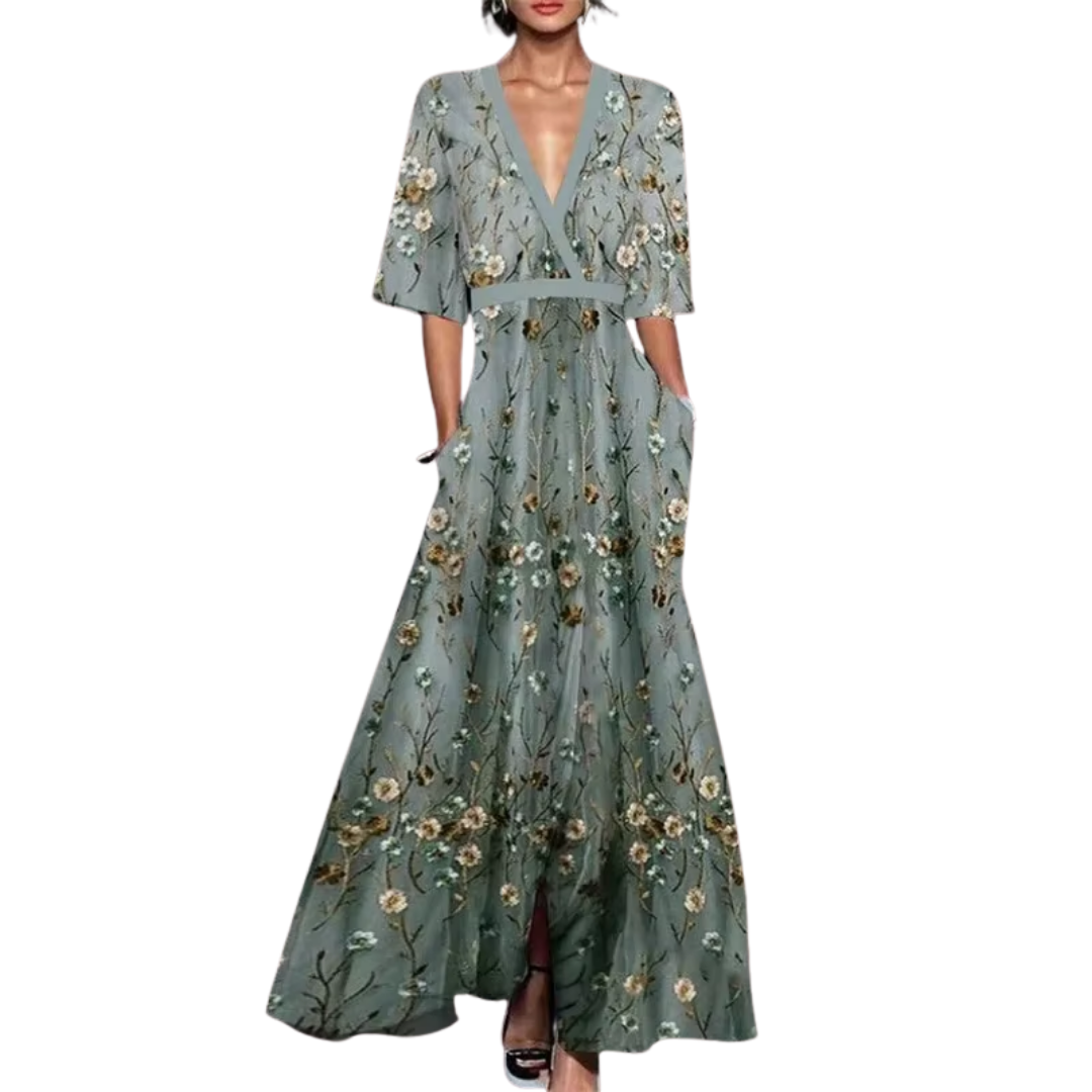 Robe fleurie midi femme, manches 3/4, décolleté V. Style chic décontracté pour un confort printanier optimal.