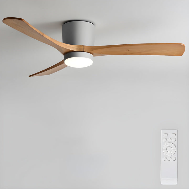 Ventilateur plafond LED silencieux, pales bois, style scandinave, améliore l'éclairage intérieur.