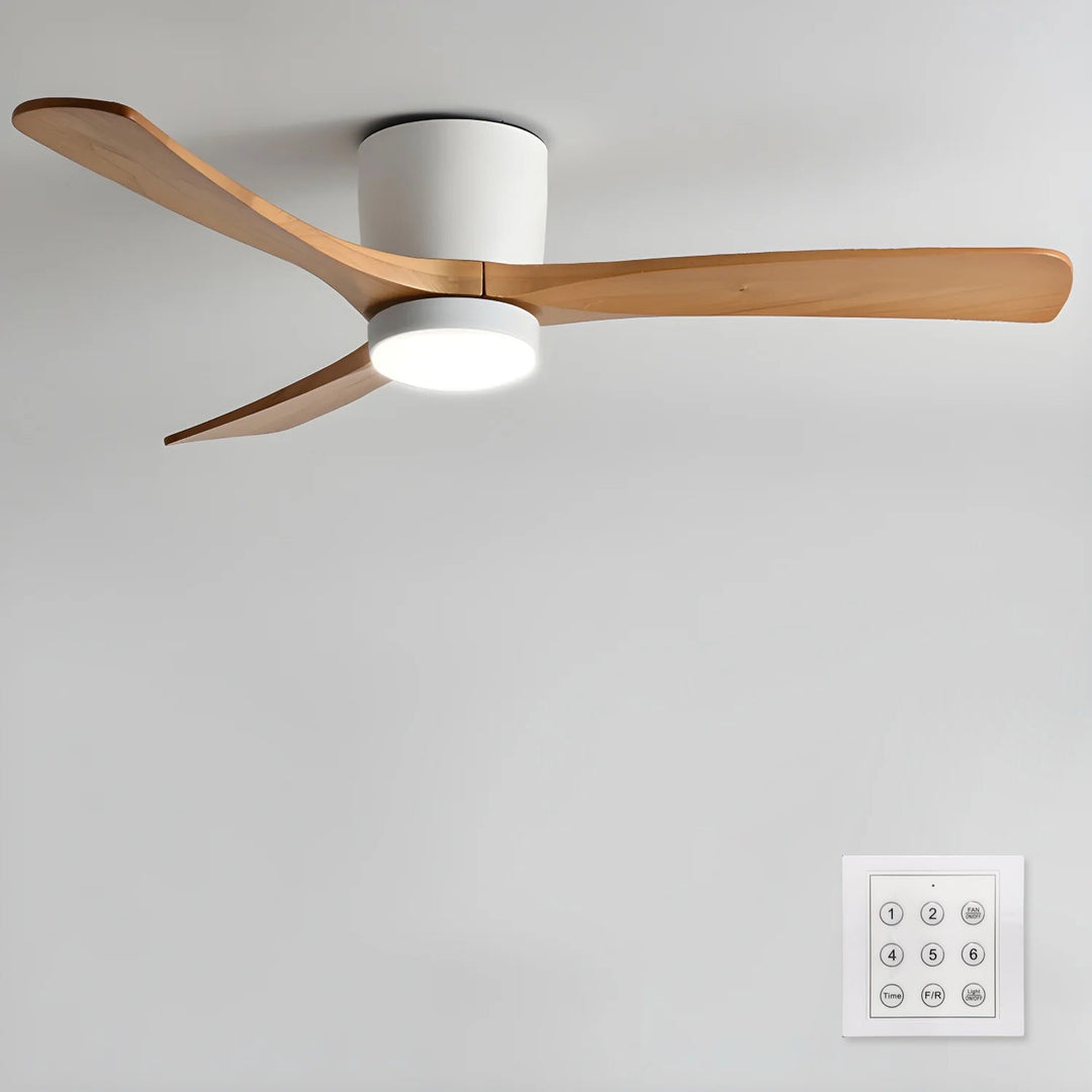 Ventilateur plafond LED réversible, bois, scandinave, apporte ventilation et éclairage.