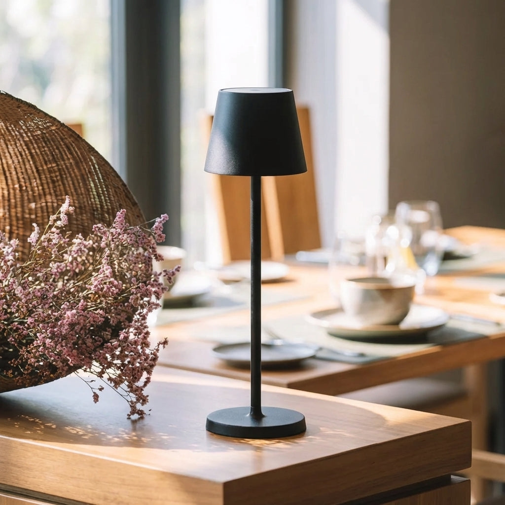 Lampe de table LED sans fil design moderne en aluminium, intensité réglable tactile.