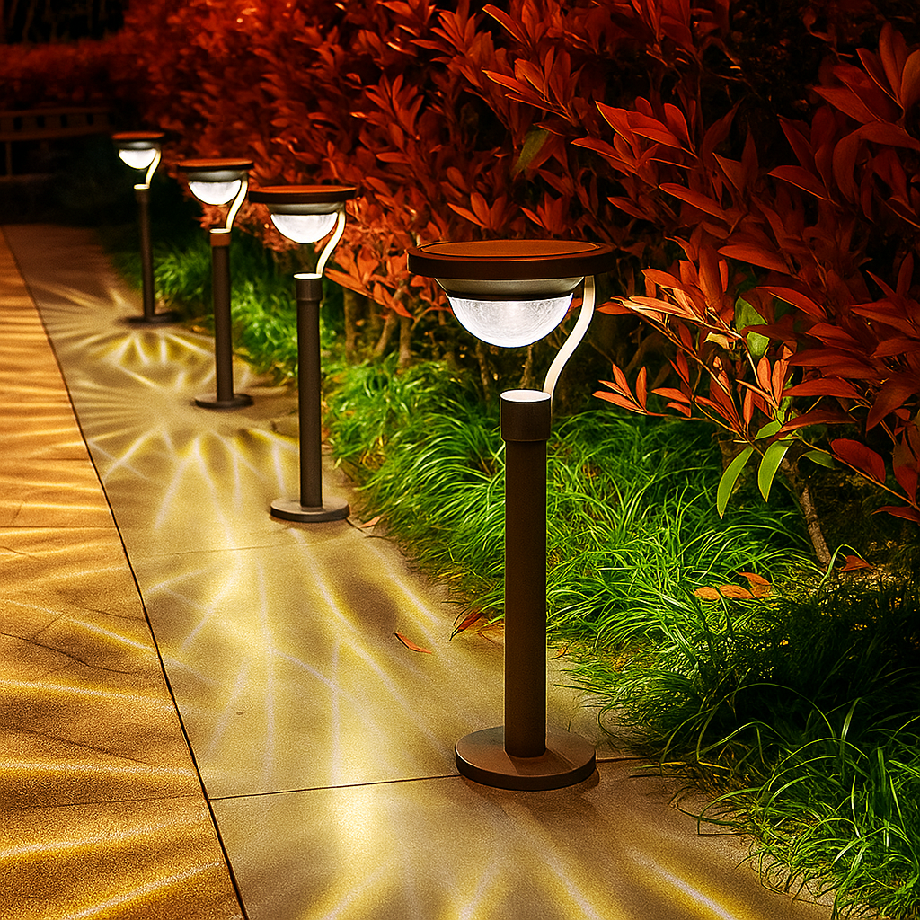 Moderne lampe solaire LED pour chemin piéton, éclairage extérieur élégant, sans fil et facile à installer.