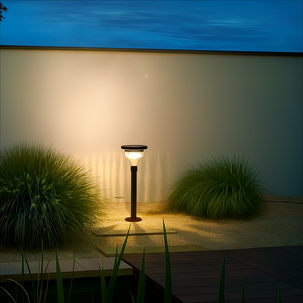 Lampe solaire autonome pour allée, éclairage extérieur moderne à énergie solaire, installation facile.