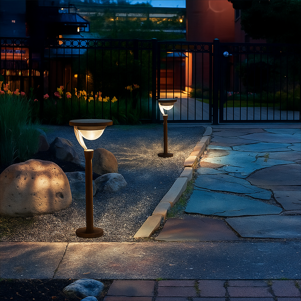 Élégante lampe LED solaire pour chemin et jardin, design moderne, éclairage extérieur sans fil et écologique.