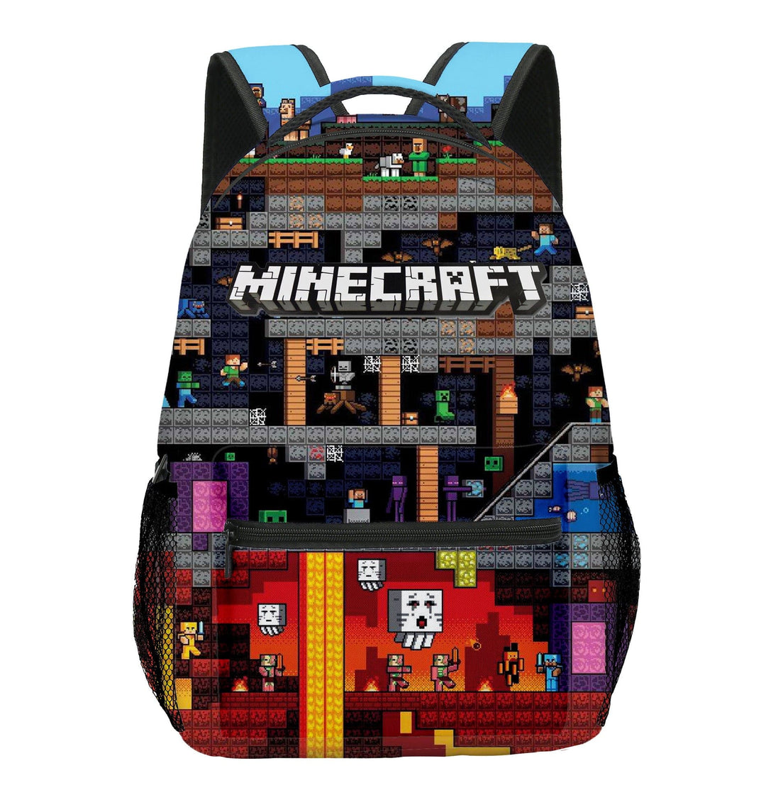 Cartable Minecraft enfant, motifs pixelisés du jeu vidéo avec mobs. Parfait pour l'école et les fans.
