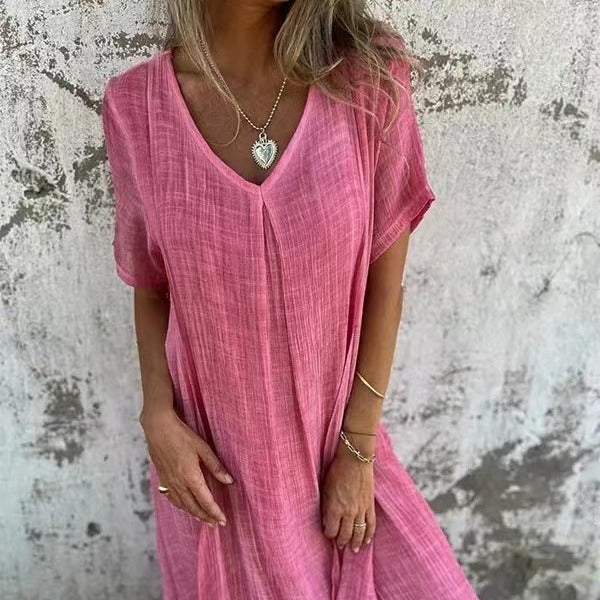 Vêtement été femme : robe fluide décontractée en coton et lin, col V, manches courtes.