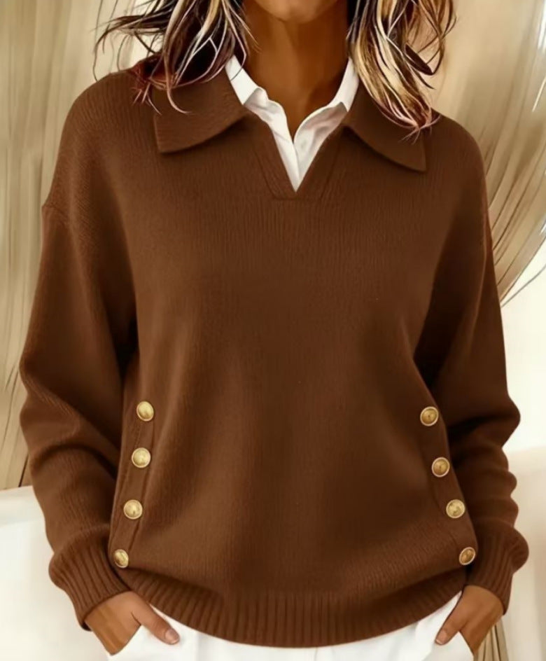 Pull femme tricot chic noir col V, boutons dorés. Élégant pour bureau ou sortie. Maille douce, confort hiver.