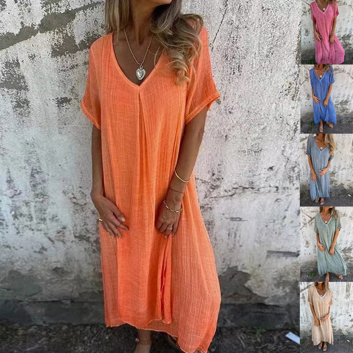 Robe respirante femme coton-lin, col V, manches courtes, style fluide pour l'été décontracté.