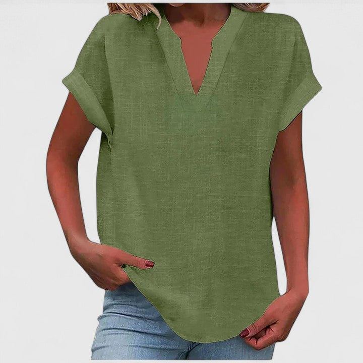 Blouse femme décontractée col V, un vêtement chic et polyvalent pour le quotidien.