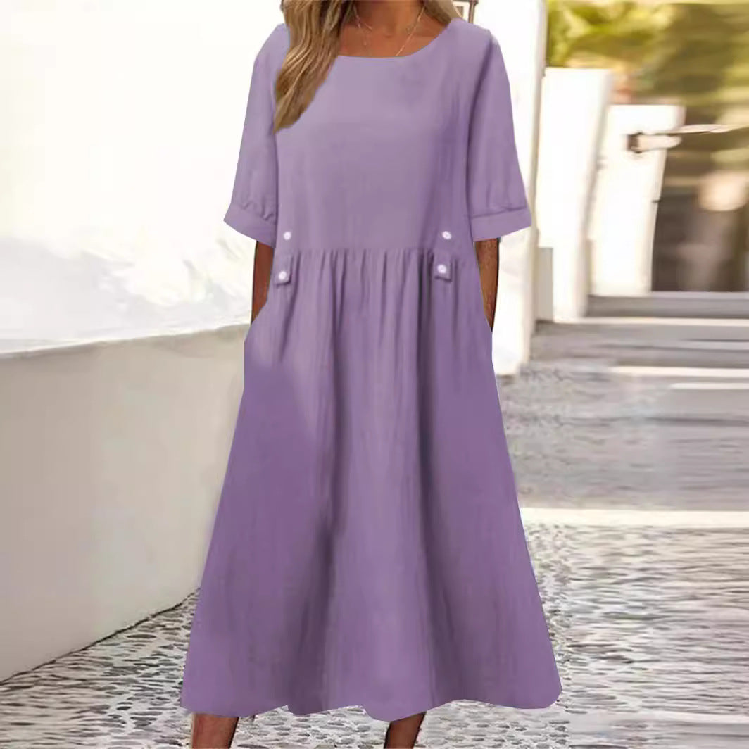 Robe femme ample mi-longue en coton lin, parfaite pour l'été. Style décontracté et confortable.
