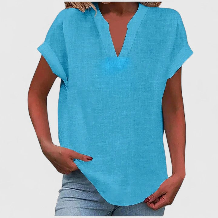 Blouse femme col V décontractée, idéale pour la mode printemps, chic et confortable.