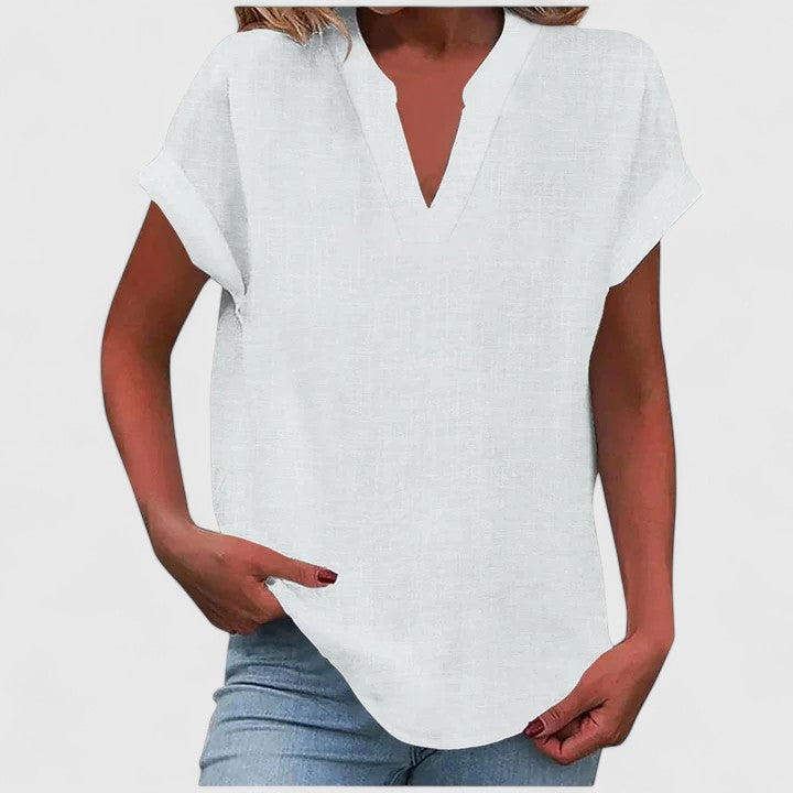Blouse femme col V, vêtement confortable et chic pour un look quotidien casual.