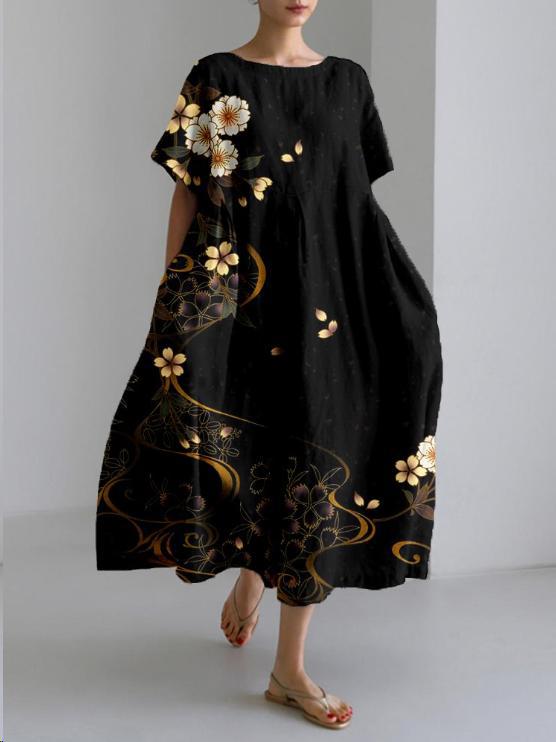Robe midi Sareno élégante avec col rond et motif floral. Vêtement femme moderne, mode printemps-été chic.