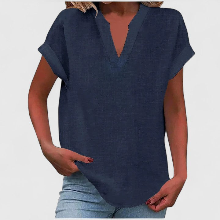 Blouse femme col V élégante et décontractée, parfaite pour le printemps-été.