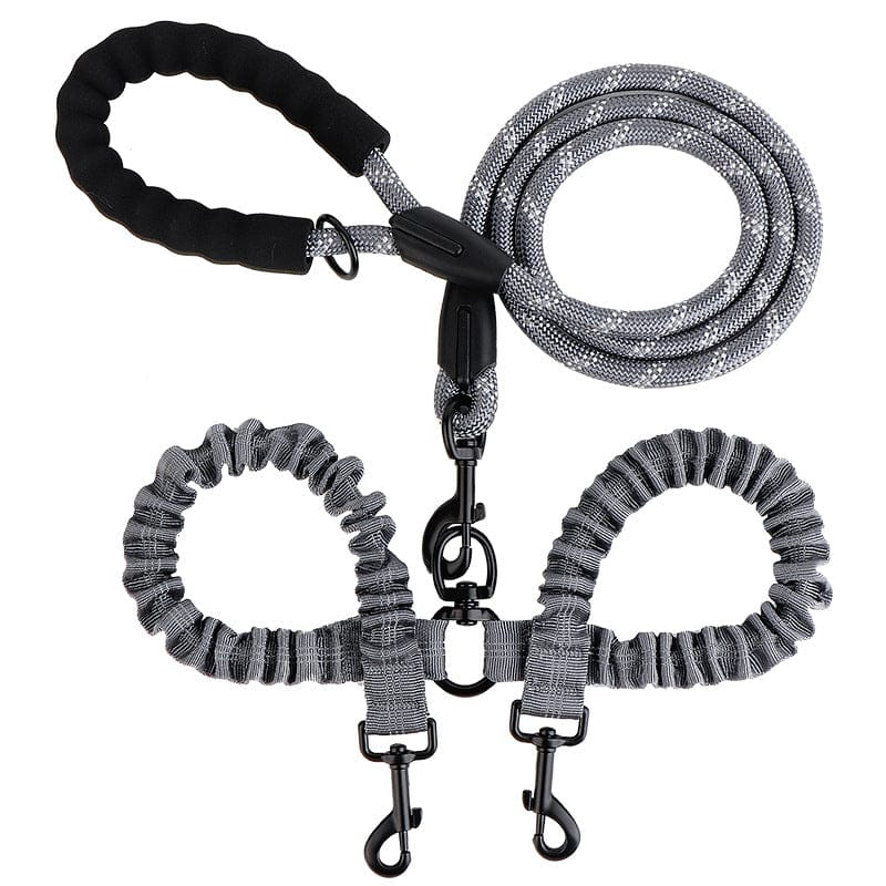 Laisse double 2-en-1 en nylon pour deux chiens, avec absorption des chocs et pivot 360°.