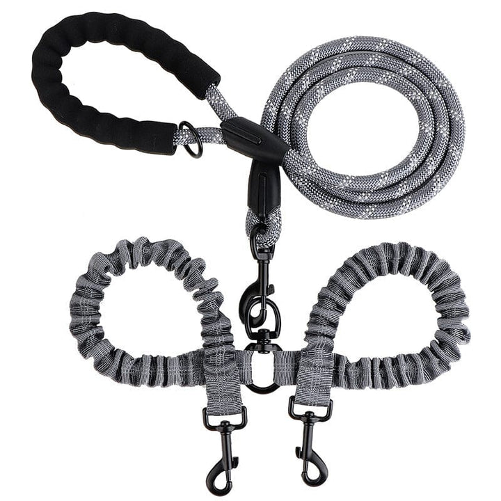 Laisse double 2-en-1 en nylon pour deux chiens, avec absorption des chocs et pivot 360°.