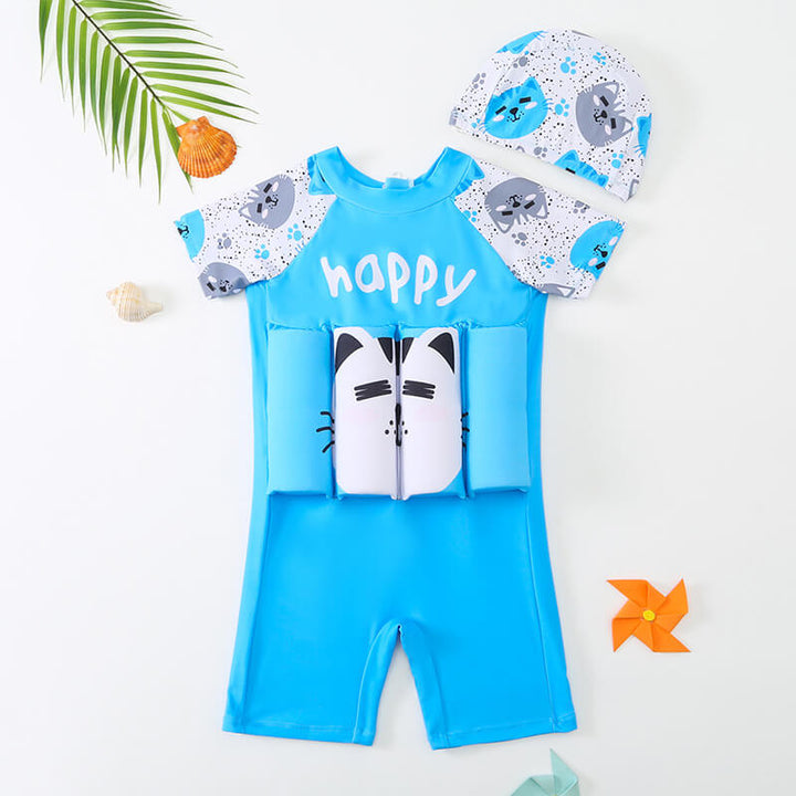 Maillot SafeSwim enfant avec motifs ludiques, flottant, aide à la natation et sécurité aquatique.
