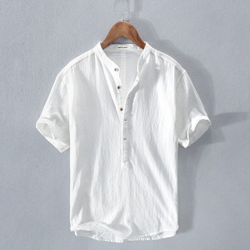 Chemise homme élégante style Provence, col mandarin, coupe relax. Confort léger pour l'été.