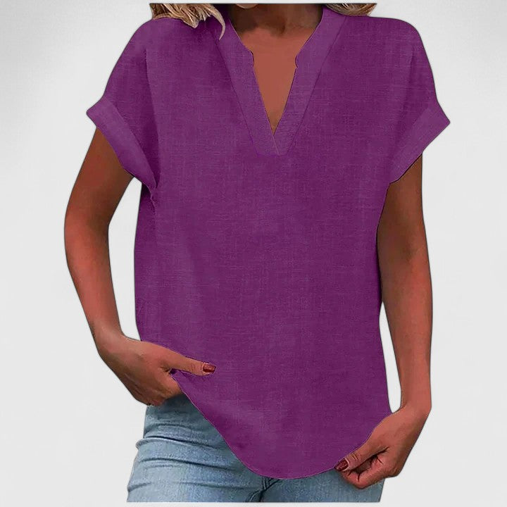 Chic blouse femme col V casual, offrant confort et style pour la mode été.